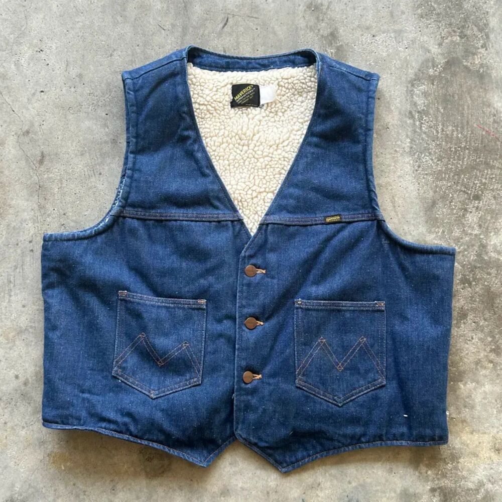 Vintage 70s Maverick Denim Vest Sherpa Lined Size Large